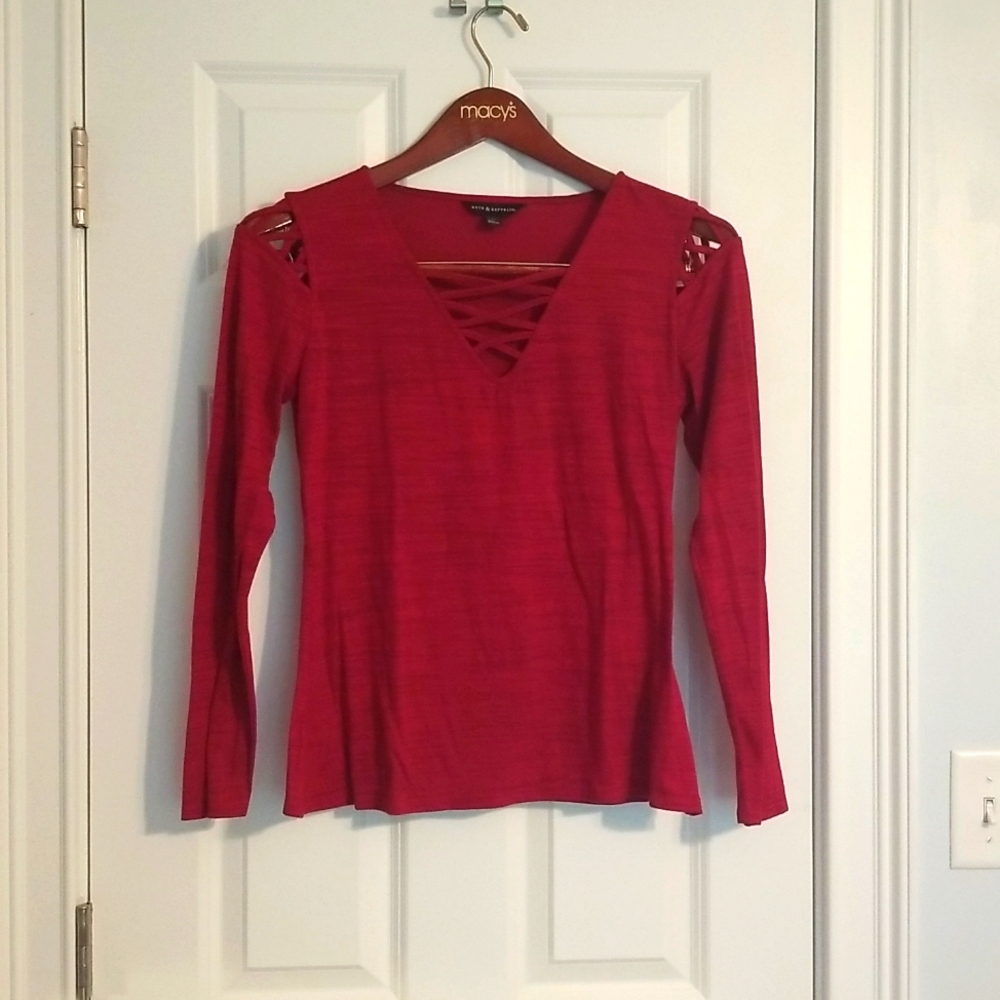 Rock and Republic Long Sleeve Top with Lace Up Front and Shoulders, Red, Size M